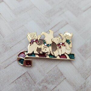 Newpro bears on candy cane brooch pin Christmas holiday jewelry